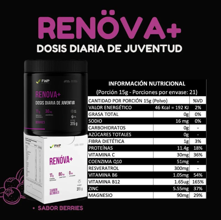 ✨ ¡Descubre RENOVA+! Tu dosis diaria de juventud en un delicioso sabor a berries. ✨